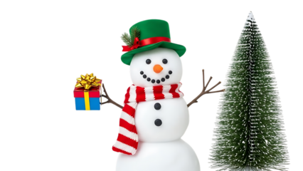 Snowman wearing green hat and striped scarf holding gift box next to Christmas tree