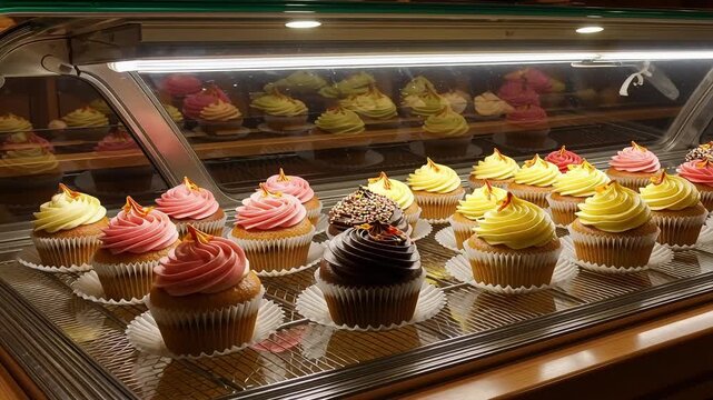 Assorted cupcakes on display in a bakery case