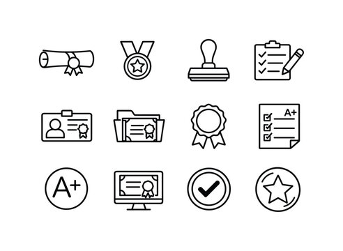 Certification Icon Set. Teacher Certification. Line icon set of Teacher Certification: certificate scroll, achievement badge, approval stamp, qualification