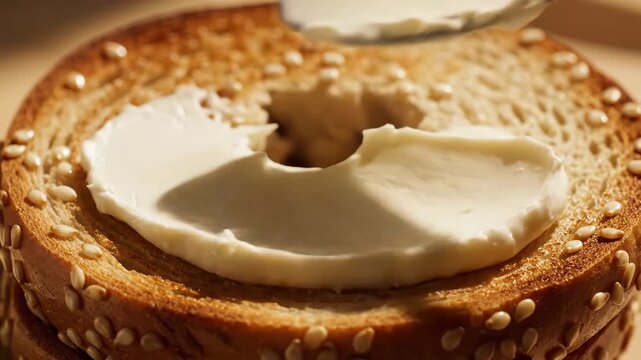 Cream cheese being spread on a slice of toasted sesame bread for breakfast.
