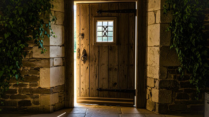 An old wooden door with a small window is slightly ajar in a stone entrance, surrounded by greenery