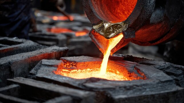 Closeup of a worker skillfully tilting a crucible to pour molten aluminum smoothly into a complex mold showcasing precision in metal casting techniques.