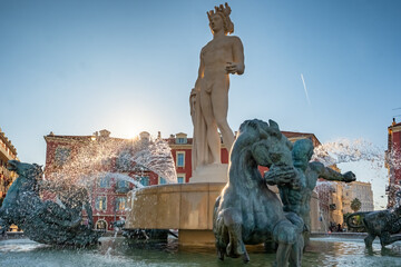 Historic Fontaine du Soleil on the Massena square in Nice city center, Cote d'Azur, France