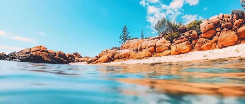 Stunning Over Under Ocean View Turquoise Water Red Rocks Sandy Beach