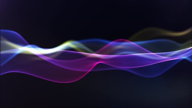 Colorful gradient particle wave flowing in smooth abstract motion. Dynamic digital energy field with luminous dots and soft transitions, seamless loop in 4K 60fps.