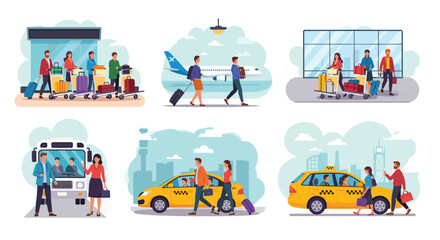 Naklejka premium Collection of travel and transportation illustrations showing people with luggage at airports, with planes, buses, and taxis.