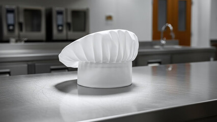 Chef&rsquo;s hat on metal counter, professional cooking space with restaurant kitchen surface and culinary workplace scene, suitable for editorial use, culinary articles, and hospitality content.