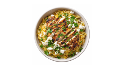 A mouth-watering bowl of pasta topped with grilled chicken, crumbled feta cheese, and fresh parsley