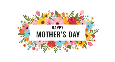 A vibrant floral arrangement surrounds a white banner wishing.