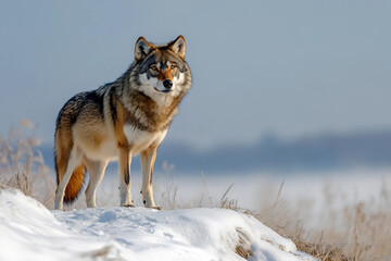 Pack of wild wolves walking through snowy forest in winter landscape, focused leader wolf in front, survival scene, generative ai