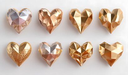 Luxury vector collection of polygonal hearts. Invitation template. Set geometric shape.