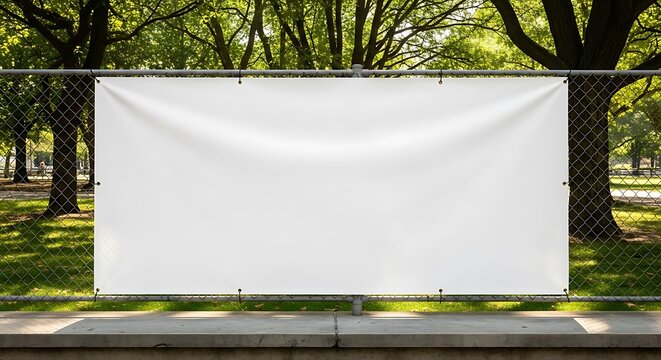 Blank white banner hanging on a chain link fence in a sunny park with green trees and grass, ready for custom text or graphics