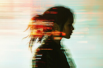 Generative AI glitch art composition of male female face merged with digital code and futuristic visual interference effect