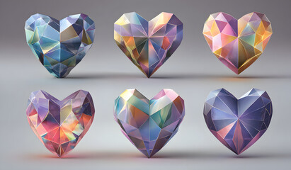 Luxury vector collection of polygonal hearts. Invitation template. Set geometric shape.