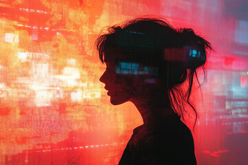 Generative AI glitch art of person silhouette against urban lights and digital rain in abstract futuristic style