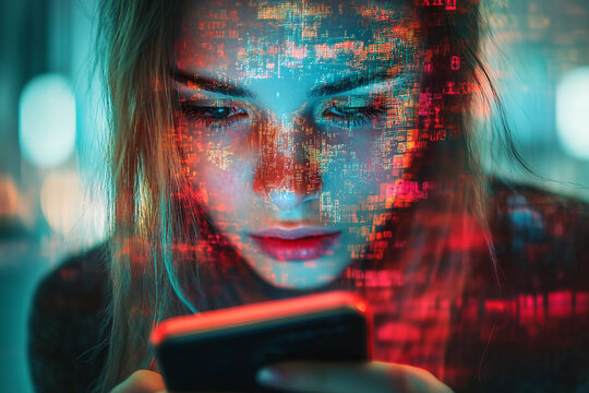 Generative AI glitch art of successful digital freelancer or businessman with distorted face and abstract technology effect - Powered by Adobe