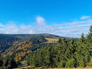 View from a clearing over the Owl Mountains in Poland. Layered mountain landscape, spruce trees and dry grass under a heavy, cloudy sky. Calm, natural space and quiet atmosphere.