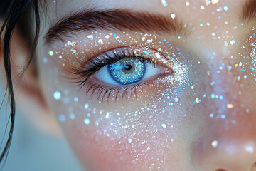 Generative AI image of fashion model with glowing neon makeup showing futuristic beauty cosmetics and closeup visage trends in modern style