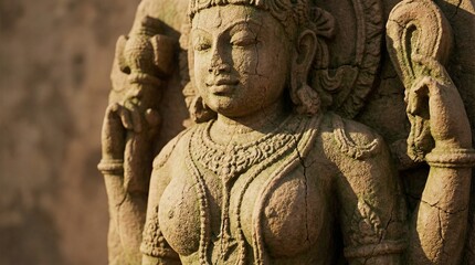 Ancient stone statue of a serene goddess with intricate carvings and ornaments