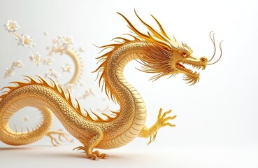 Fototapeta premium Golden Chinese dragon coiled gracefully with cherry blossoms floating. Majestic mythical creature symbolizes power, luck, and prosperity in Asian culture. Oriental beast for design.