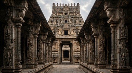Ancient Indian temple with intricately carved pillars and tower