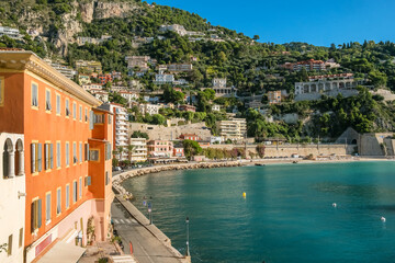 Top view of the picturesque town of Villefranche-sur-Mer at sunrise, France
