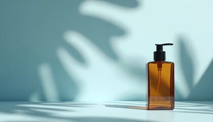 Square amber bottle with black pump dispenser sits on white surface. Shadows of leaves cast on light blue wall behind product. Minimalist backdrop for cosmetic ads.