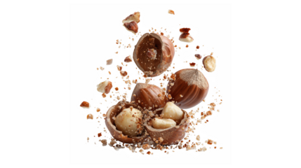 Delicious whole and cracked hazelnuts with scattered pieces creating a dynamic effect