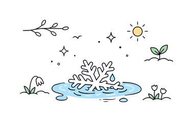 Melting Snowflake Poise. Last snowflake concepts. Calm editorial illustration capturing a melting snowflake on the ground, quiet and poetic mood. Subtle