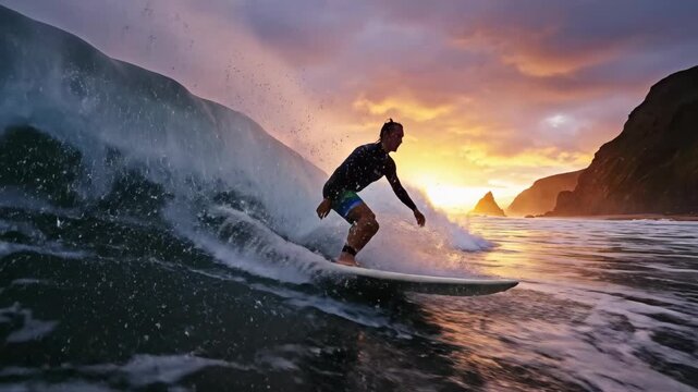 Spectacular Surfing Adventure - Capturing the Thrill of Riding Waves at Sunset.