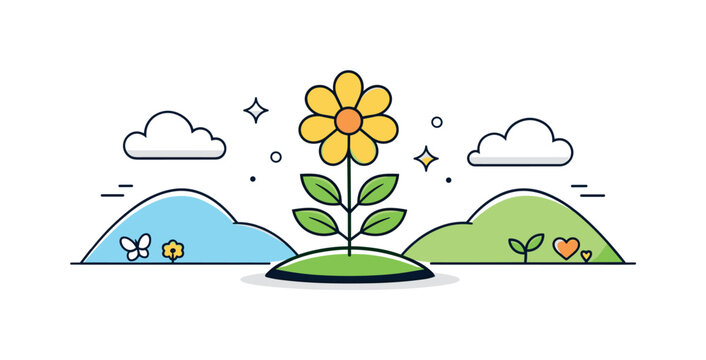 Harmonious Nature Illustration. Spring balance concept. A centered flower or tree with symmetrical hills and clouds around it. The illustration suggests