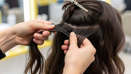 Fototapeta premium Professional stylist applying hair extensions to client's long dark wavy hair in a beauty salon isolated on White Background