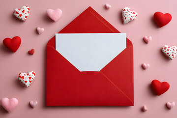Red paper envelope with blank white note mockup inside and Valentines hearts on pink background. Flat lay, top view. Romantic love letter for Valentine's day concept.