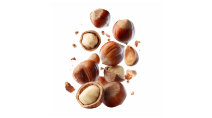 Fresh brown hazelnuts falling with cracked shells revealing creamy kernels on black