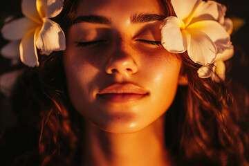 Exotic tropical woman at summer beach party with floral crown and dreamy lights in background, generative ai