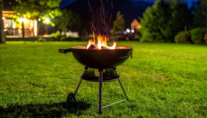 A close-up view captures a brightly lit grill with flames, smoke and glowing embers in a green lawn at dusk