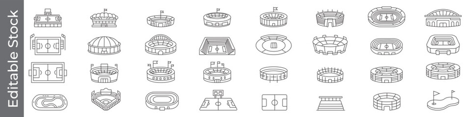 Stadium and sports arena icon set – editable outline symbols of football field, soccer stadium, arena, grandstand and sports complex © marufpro555777