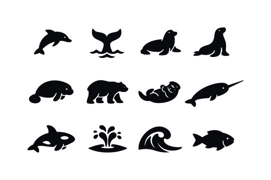 Marine Mammals Icons. Marine mammals. Solid icon set of marine mammals: dolphin silhouette, whale tail, seal silhouette, sea lion silhouette, manatee