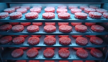 Rows of frozen beef patties neatly arranged in refrigerated display. Industrial food storage shows many raw meat rounds ready for culinary preparation, cooking. Burgers await serving in cold grocery.