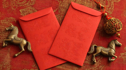 Red envelopes and horse zodiac ornaments background