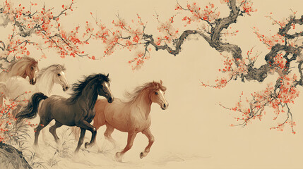 Ancient chinese painting style horse zodiac festival