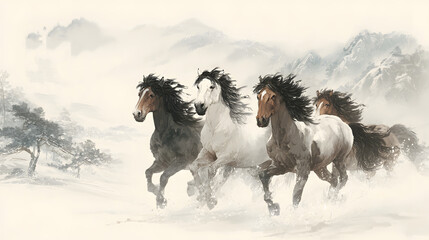 Ancient chinese painting style horse zodiac festival