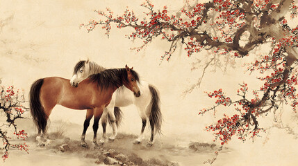 Ancient chinese painting style horse zodiac festival
