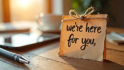 Handwritten note Were here for you tied with twine rests on a wooden table near a pen and tablet. Message conveys warmth, comfort, and offers support. Sunlight streams.