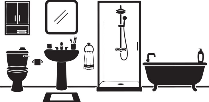 Minimalist black and white illustration of essential modern bathroom fixtures