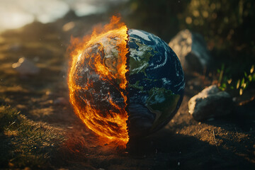 Melting planet dying animal abnormal heat flood fire desolation symbolizing global warming climate crisis generative ai
