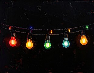 String of colorful lightbulbs glow against a dark, textured wall