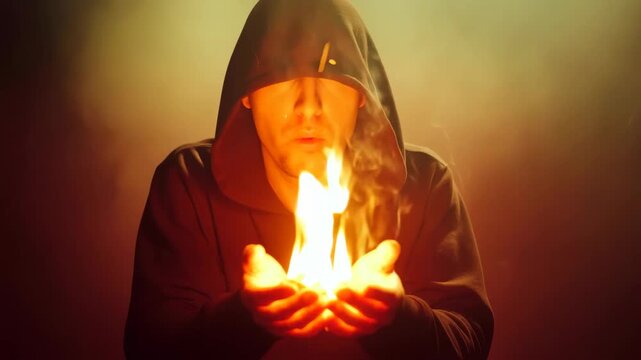Caucasian man in a hooded robe holding fire in his bare hands, a magical burning glow for winter pagan holiday ritual.
