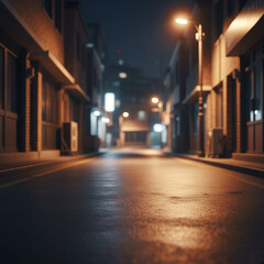 Obraz premium Empty Urban Night Street with Warm Streetlights and Wet Asphalt Cinematic Background