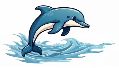 Obraz premium Playful blue dolphin jumps from stylized blue waves. This cheerful cartoon creature represents fun and energy. Great for kids brands or aquatic themes.